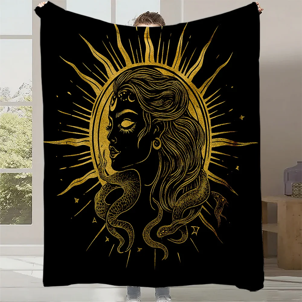 1pc Golden Goddess & Sun Print Flannel Blanket - High-Weight Soft Warmth, Light -Friendly All-Season Throw for Sofa, Bed, Office