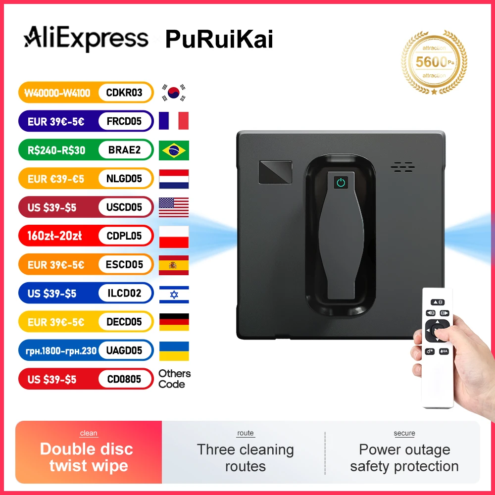 

Робот-мойщик для окон PuRuiKai, двойной распылитель воды, интеллектуальная память, высокая вакуумная всасывание, лазерный датчик, робот для очистки стекол домашних стен