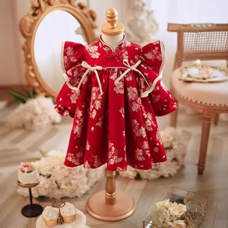 Girls' New Chinese Style Birthday Red Zhuazhou Ceremony Eid High-end Embroidered Floral Dress