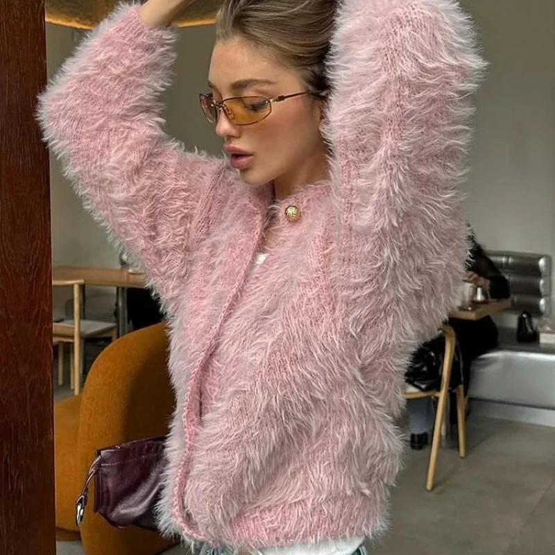 

2025Pink Knitted Mohair Cardigan Women's Chic Round Neck Single Breasted Full Sleeve Crop Sweater