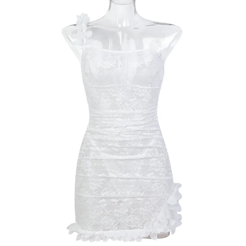 Toucheart Sexy Lace Bodycon Jumpsuits for Women Solid Color One-shoulder Dress Mesh See-through Sexy Backless Lingerie Dress Set