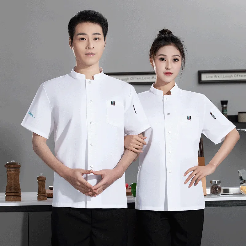 Dining Chef Overalls Short Sleeve Baking Hotel Canteen Kitchen Single-Breasted Breathable Sweat Absorbing Chef Uniform Printedlo