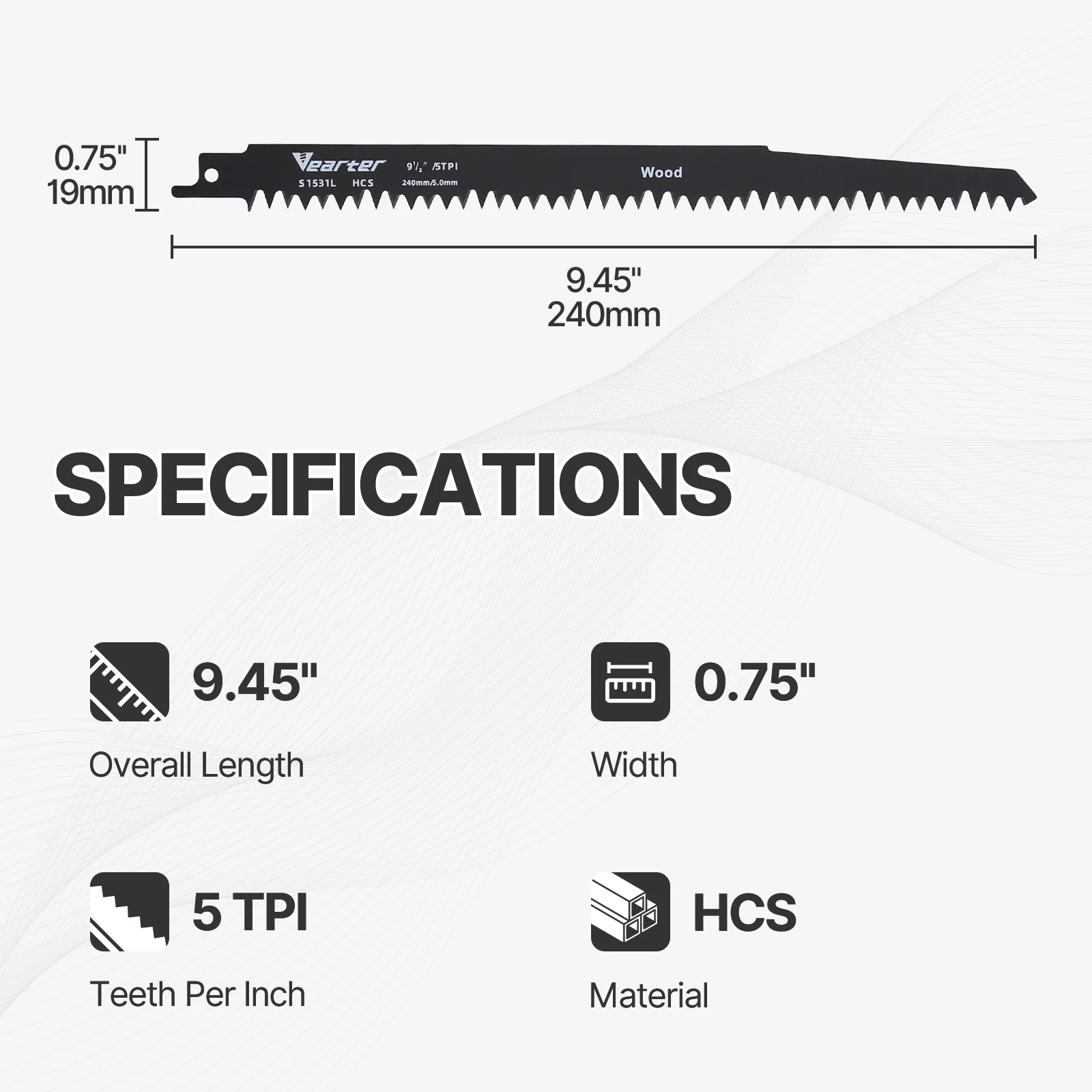 Vearter 5PCS/Set S1531L Reciprocating Saw Blades 5TPI HCS Sabre Saw 240mm For Cutting Course Damp Wet Wood Logs Plactics
