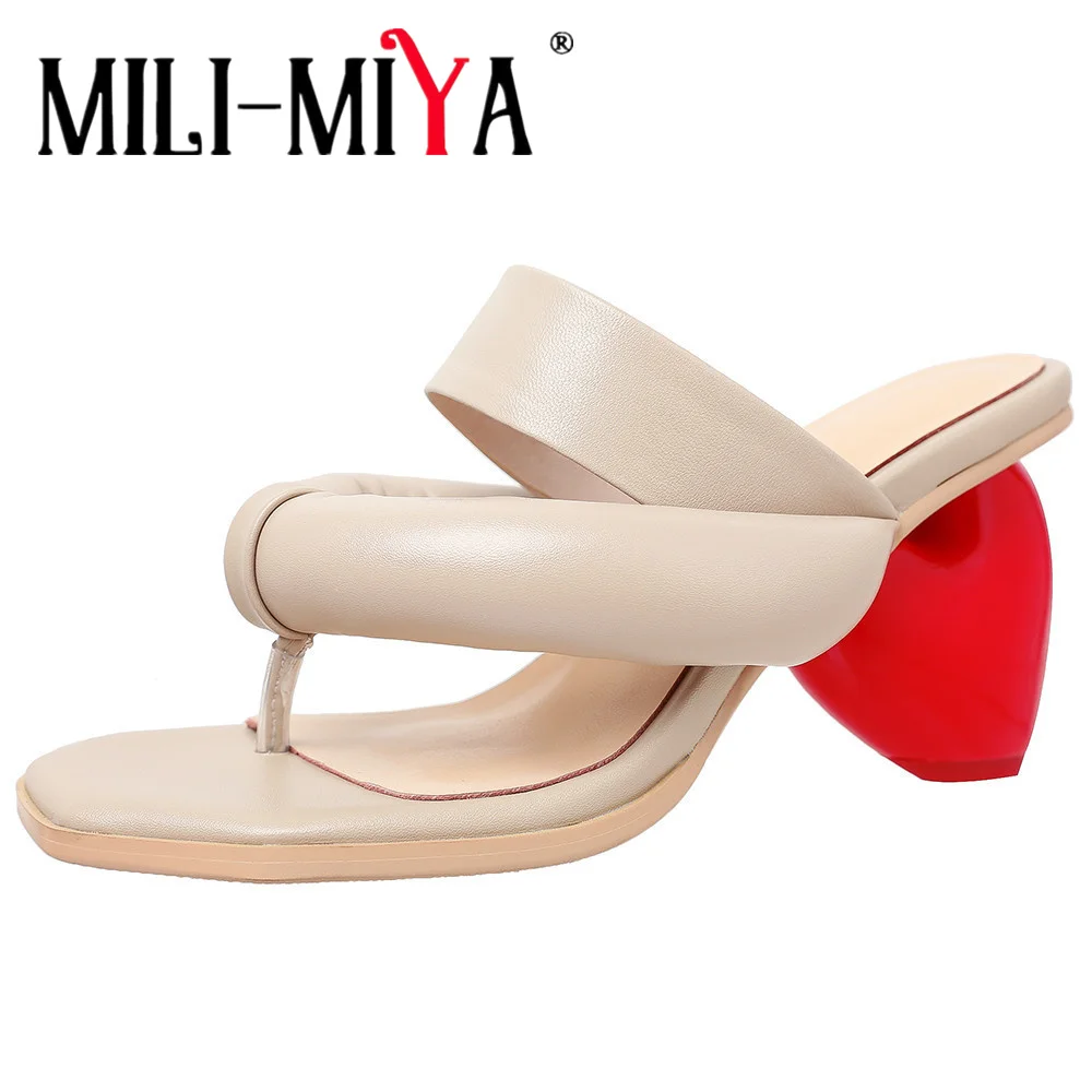 

MILI-MIYA Heart-Shaped Strange Chunky Heel Women Cow Leather Sandals Slip On Tapping One's Toe Round Toe Big Size 34-43 Handmade