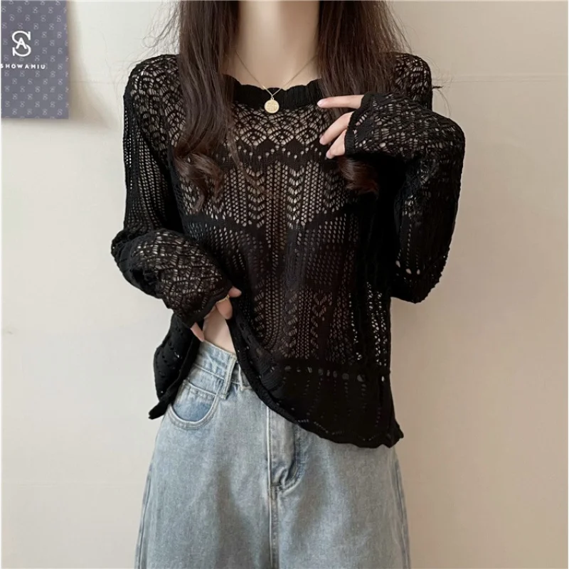 Spring and Summer Casual Hollow Crocheted Sweater Long-sleeved Top Women\'s Retro Japanese Style Sweet Design Niche Knitwear