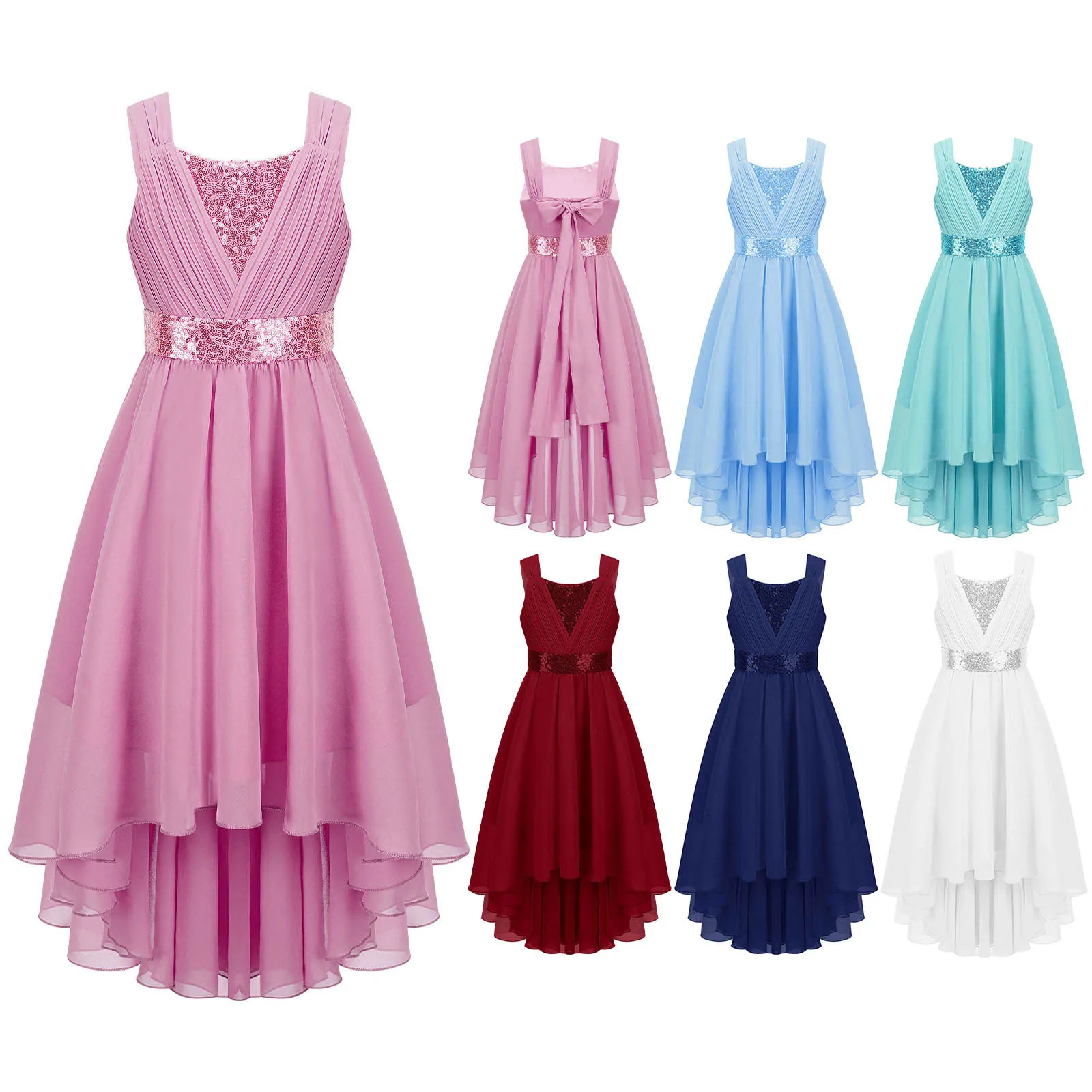 4-16Y Girls Wedding Bridesmaid Birthday Party Dress Sleeveless Ruched Chiffon Shiny Sequin Hi-lo Hem Maxi Gown Princess Dress