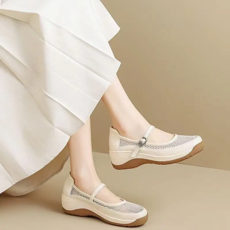 

2026 Women Wedges Mesh Casual Shoes Summer New Thick Sole Round Toe Shallow Buckle Strap Lightweight Breathable Sandals