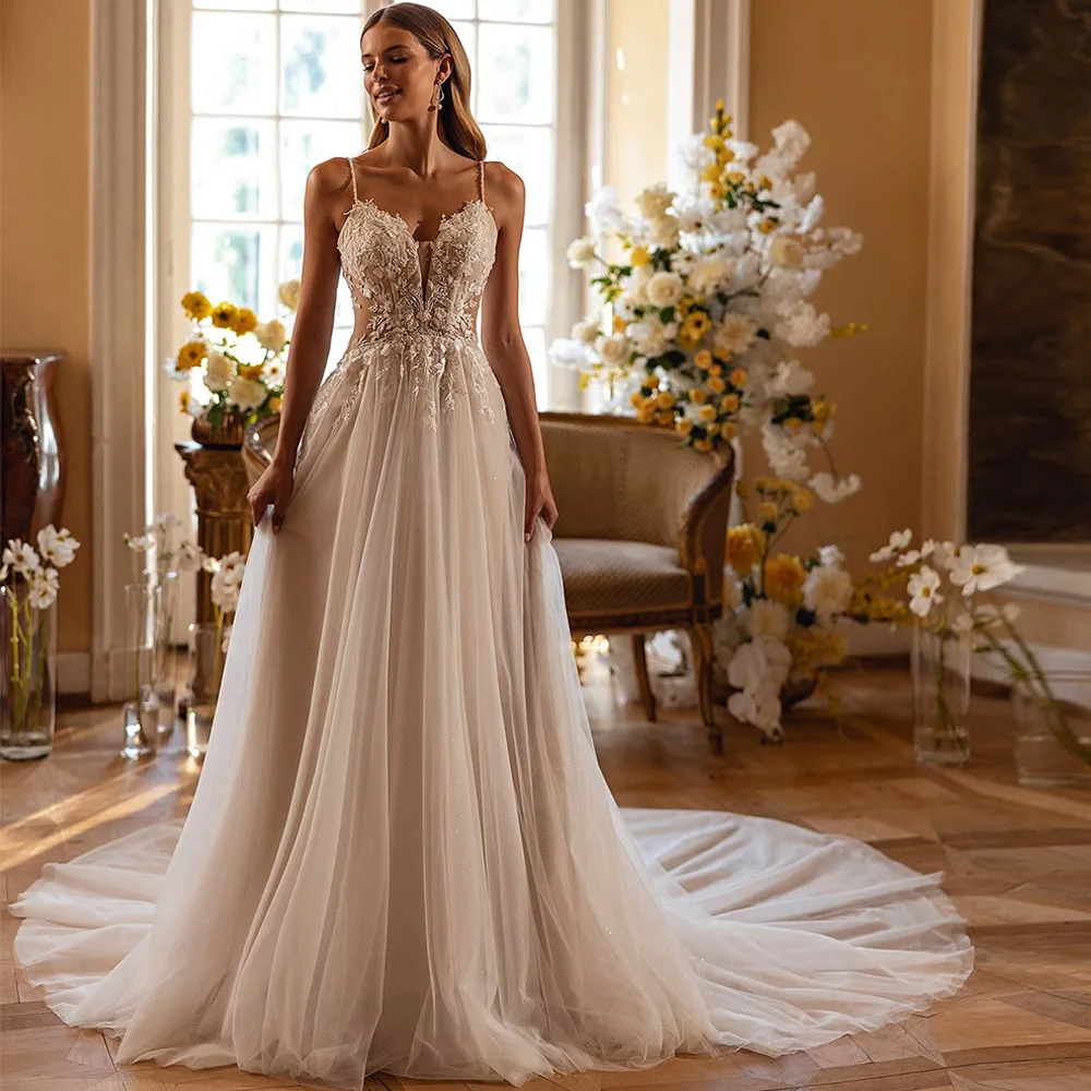 

Gorgeous Tulle Spaghetti Straps Wedding Dresses Women A-line Backless Appliques Lace Sleeveless Civil Bridal Gowns Customized