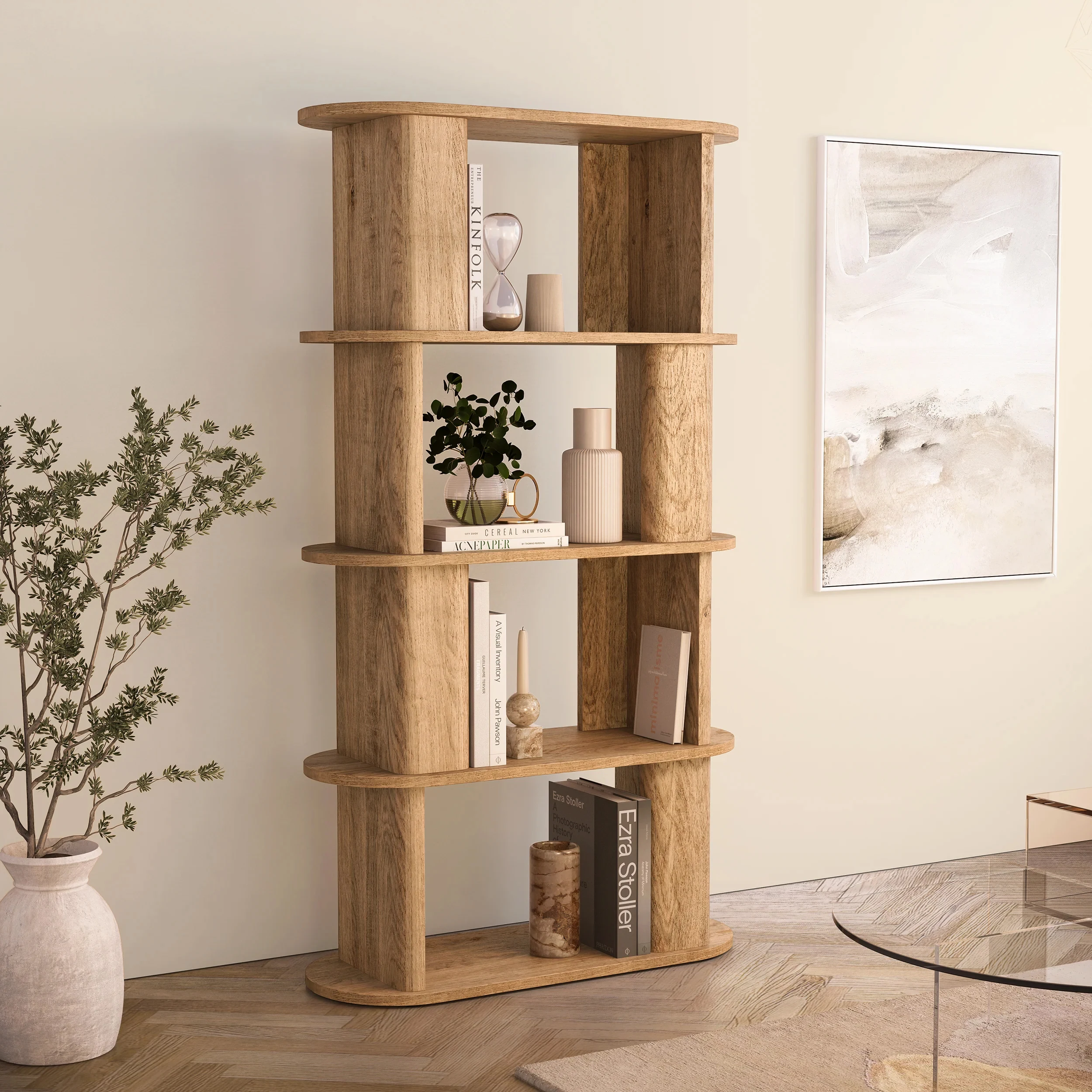 

Nordic Simple Design House Decor Bookrack Freestanding Solid Wood Geometric Bookshelf Bookcase for Living Room
