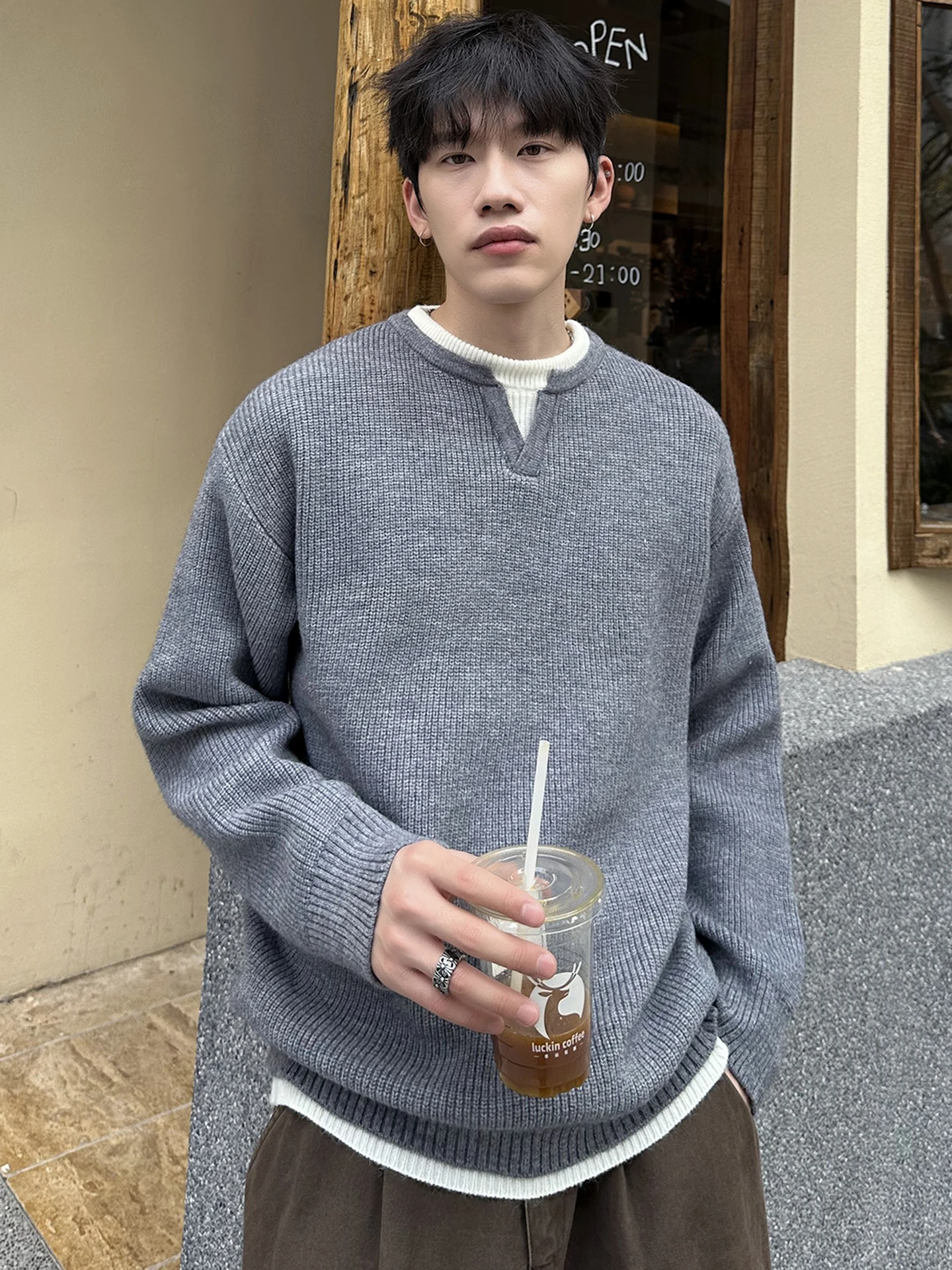 

Retro Japanese Sle round Ne Knitted Loose Men's Base irt Couple's Loose Fit Pullover Sweater Fake Two-Piece Design