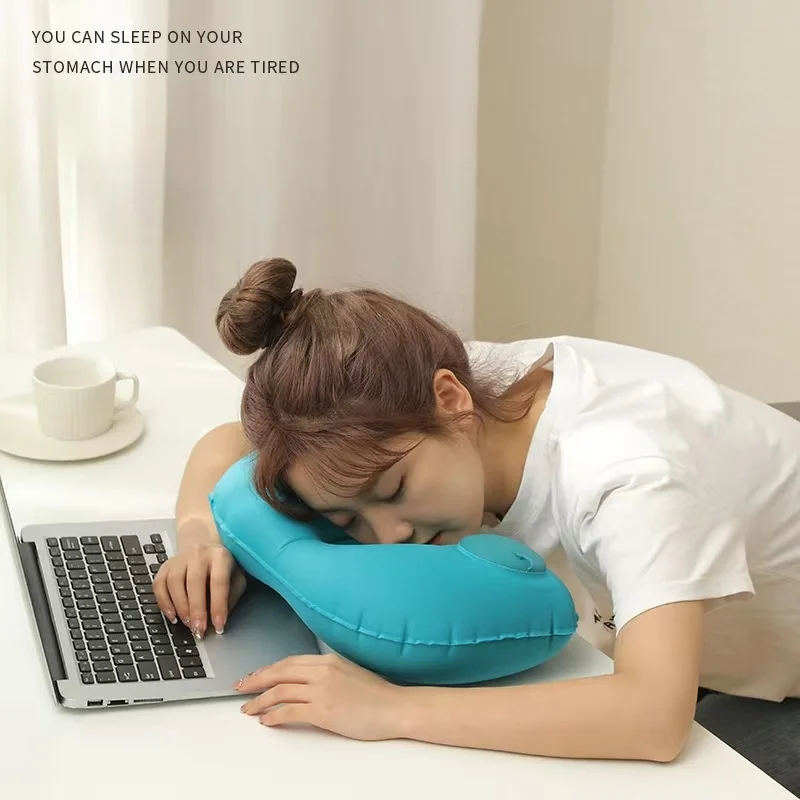 Automatic Inflatable Neck Pillow U Shape Folding Flocking Pillows Office Nap Pillow Portable Travel Sleeping Pillow For Car