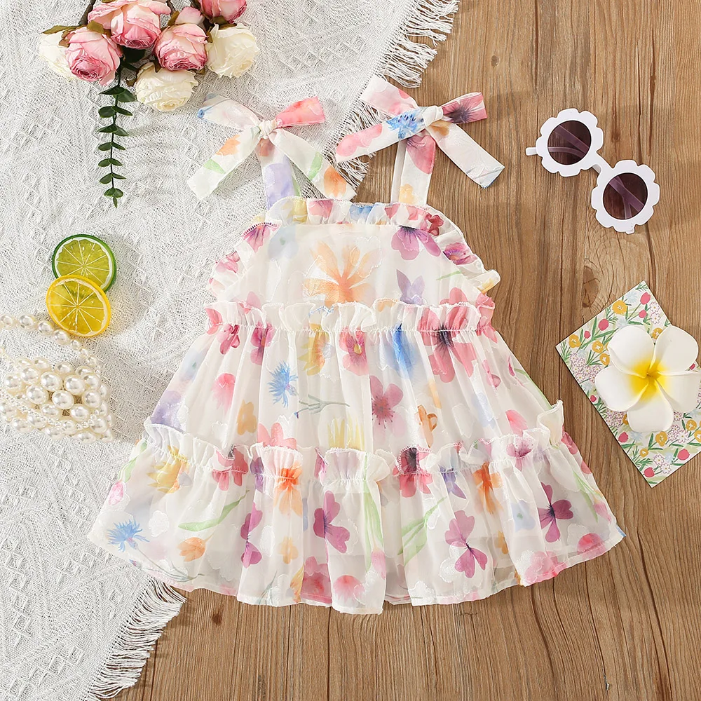 Baby Girl Dress Summer Bow And Flower Pattern Halter Puffy Baby Girl Princess Dresses Cute Casual Beach Girls Clothing