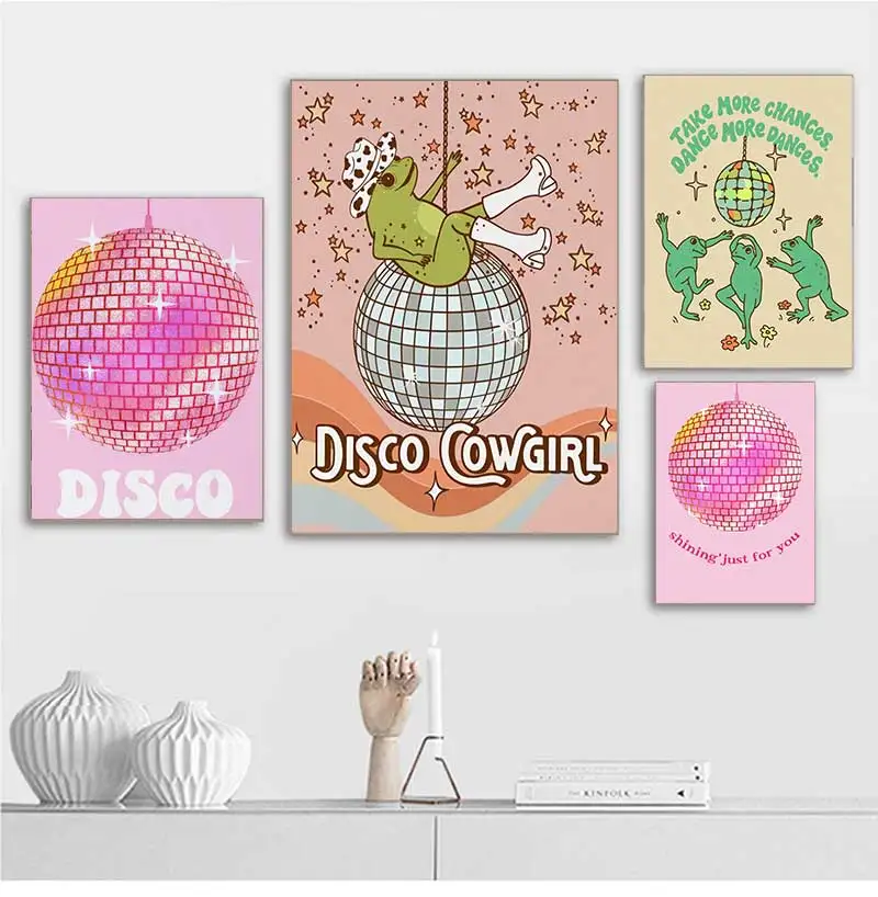 Retro Disco Frog Print Wall Art, Art Painting Canvas, Fashion Funny Aesthetic Poster, Ball Dancing Frogs Pictures, Bar Club