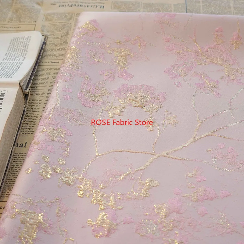 1 Meter Pink Gold Embossed Yarn Dyed Jacquard Fabric Spring Autumn Women's Elegant Dress Coat Bag Decorative Sewing Fabric