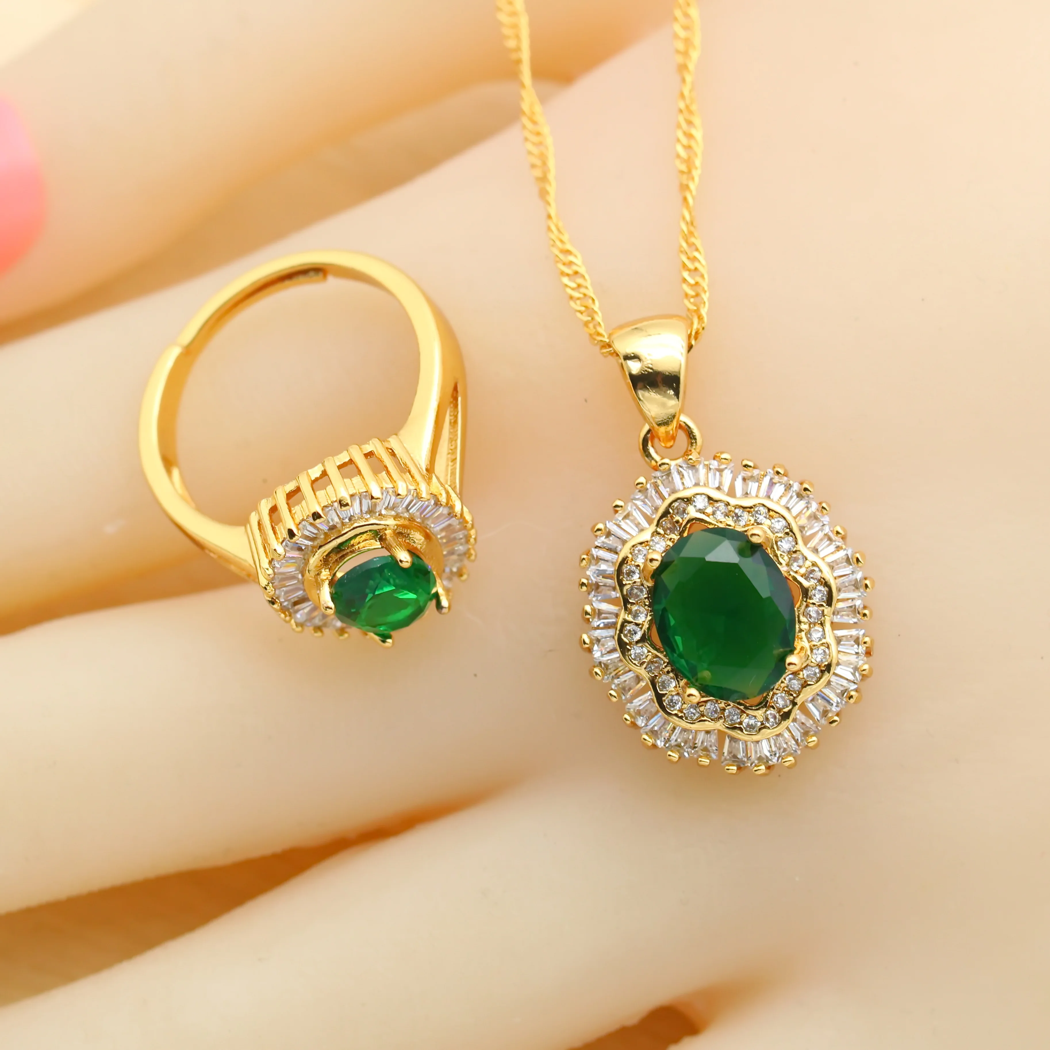 Amazing Green Zirconia Gold Plated Jewelry Sets for Women Earrings Necklace Pendant Open Ring Bracelet Christmas Birthday Gift