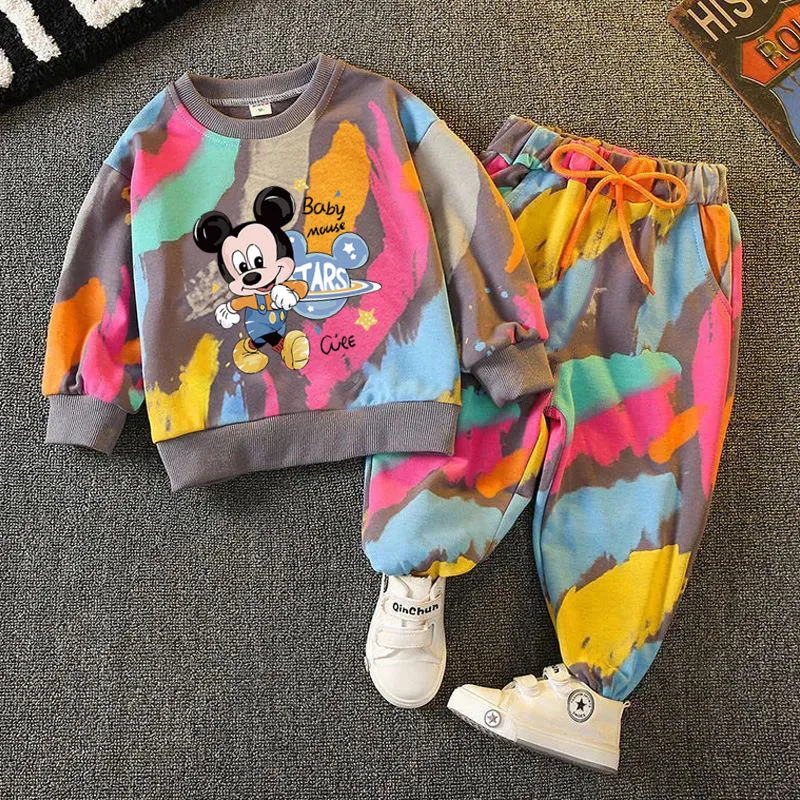 Autumn Boys Clothes long sleeve& trousers 2 Pieces Set Teenage Girls & Boys camouflage Printed Mickey Mouse Fashion Casual Top &