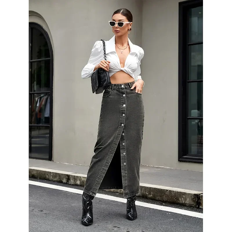 تنورة الدنيم خمر المرأة مرونة الخصر غسلها المتعثرة جيوب واحدة الصدر سبليت ألف خط الشارع الشهير التنانير الطويلة