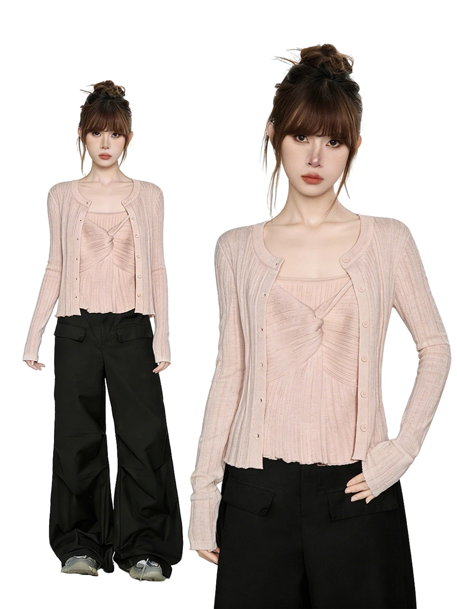 

Sweet Knot Knitted Cardigan Two-Piece Set Long Sleeve Vest Top Polyester Fiber Commute Style Regular Fit Medium Softness