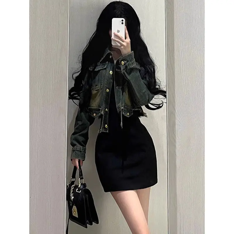 Women\'s Vintage Long Sleeve Denim Jacket with Gold Buttons, Casual Short Coat, Blue Irregular Jean Jackets Female Streetwear