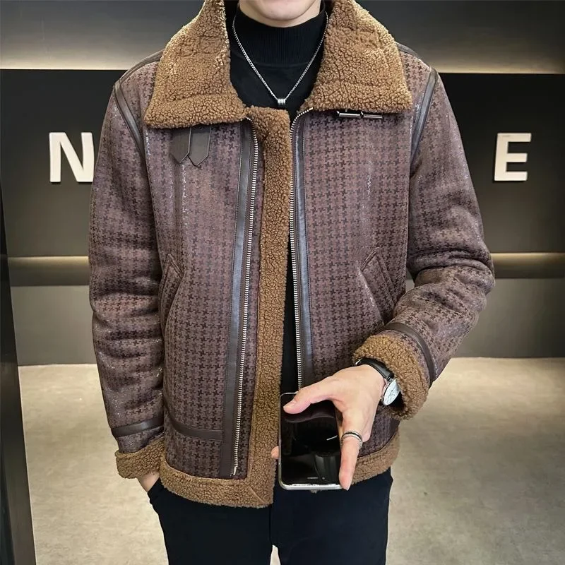 Male High Sense Solid Color Polo Collar Biker Leather Jacket Casual Fashion Outwear  Men Fleece-lined Thicken Leather Coat