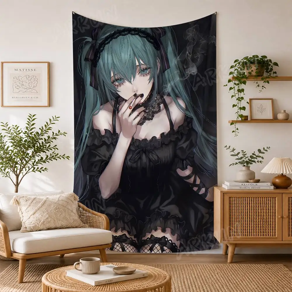 Dark Gothic Anime Girl Wall Tapestry, Teal Twin‑Tail Character In Black Lolita Lace Dress Wall Home Room Decor
