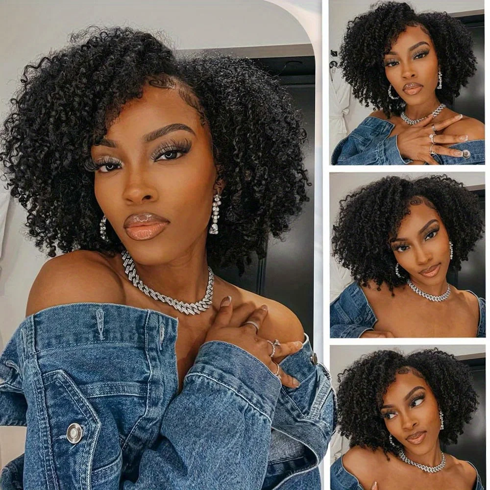 100% Human Hair Afro Kinky Curly Side Part 13X5X1 Transparent Lace Front Bob Wig,Pre-Plucked Bob Wigs for Women Daily Wear