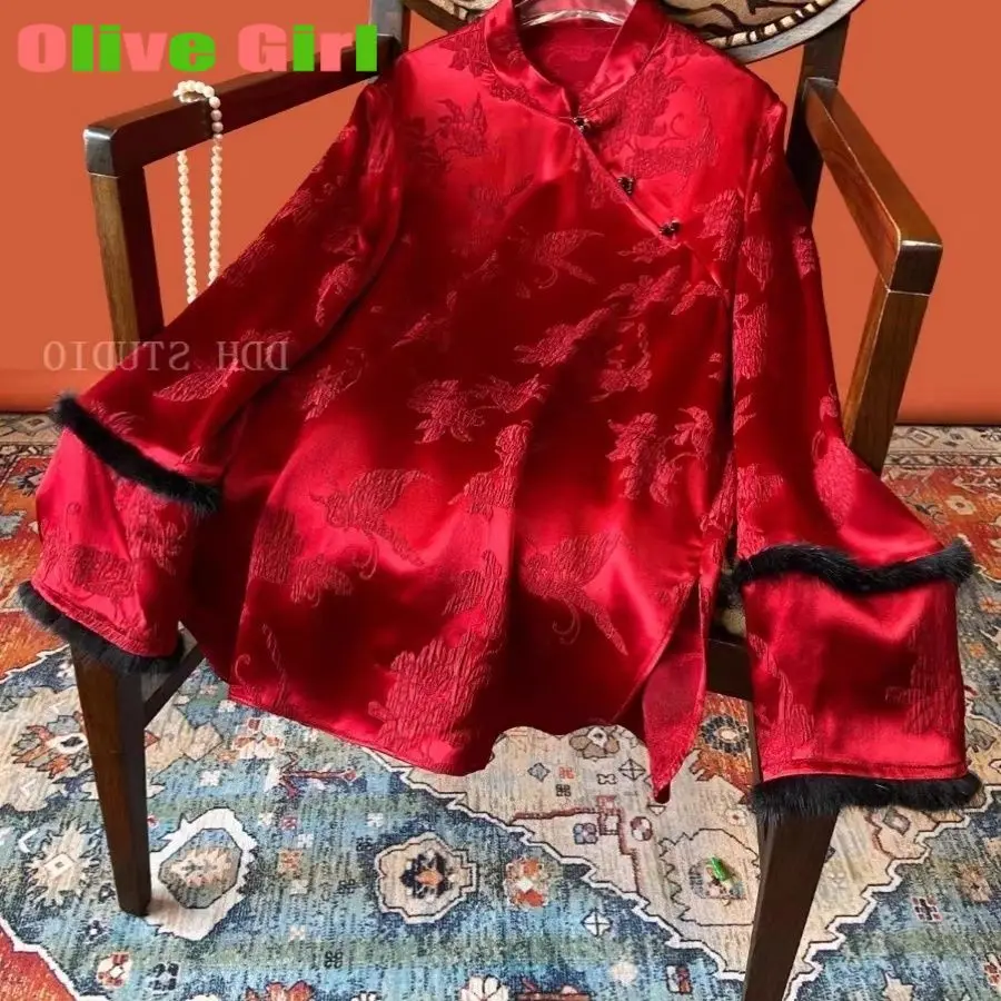 

Новая красная рубашка в китайском стиле со знаком зодиака для женщин, китайский Новый год, жаккардовый лоскутный топ из искусственного меха норки с диагональным воротником
