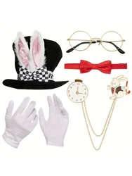 PESENAR White Rabbit Costume Set Mad Hatter Hat Rabbits Ears Topper Plush Hat for Halloween Easter Accessories Set