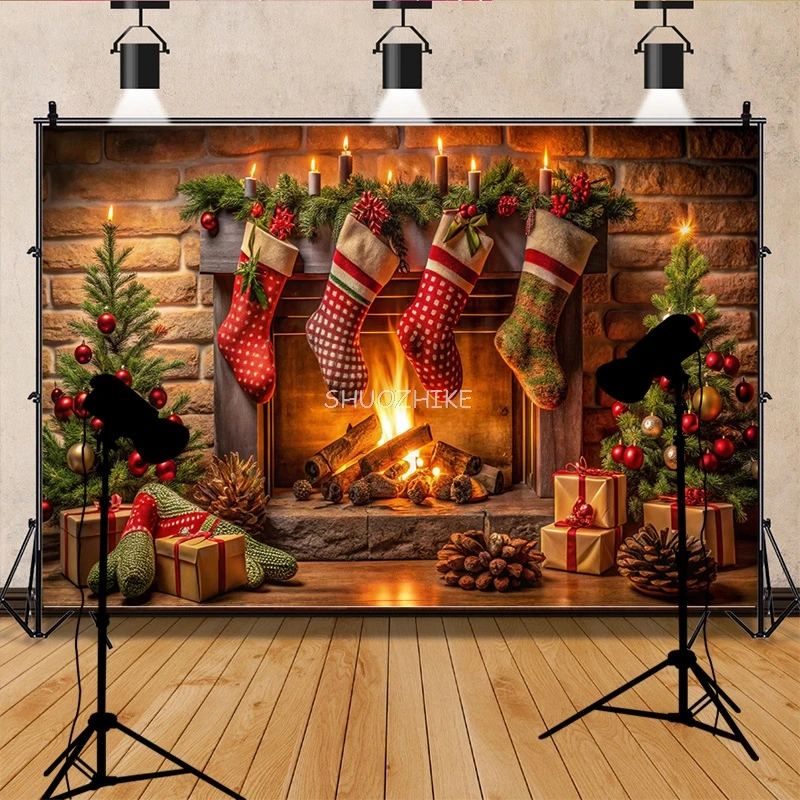 New Year Christmas Day Digital Photography Backdrop Prop Fireplace Winter Living Room Gift Holiday Photo Studio Background RS-22