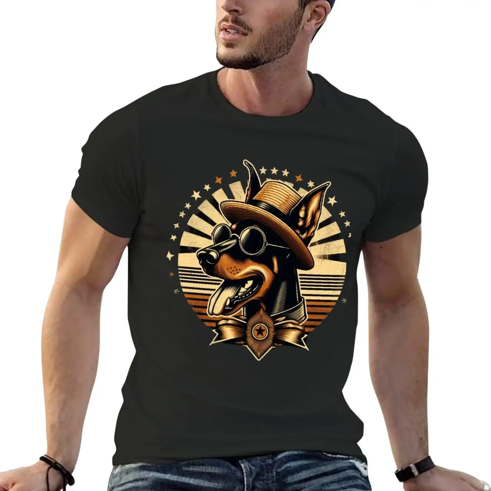 Stylish Sheriff Dog - doberman pincher T-Shirt oversized t shirt summer tops mens plain t shirts