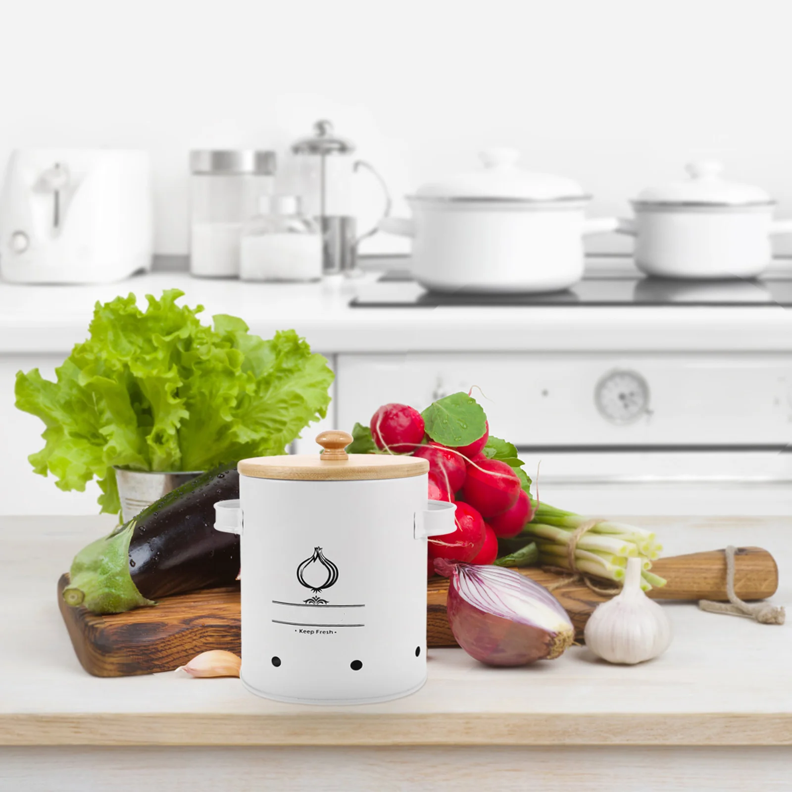 

Creative Vegetable Storage Garlic Container Multi-Function Organizer Flat Bottom Countertop Fruit Bin Bamboo Lid