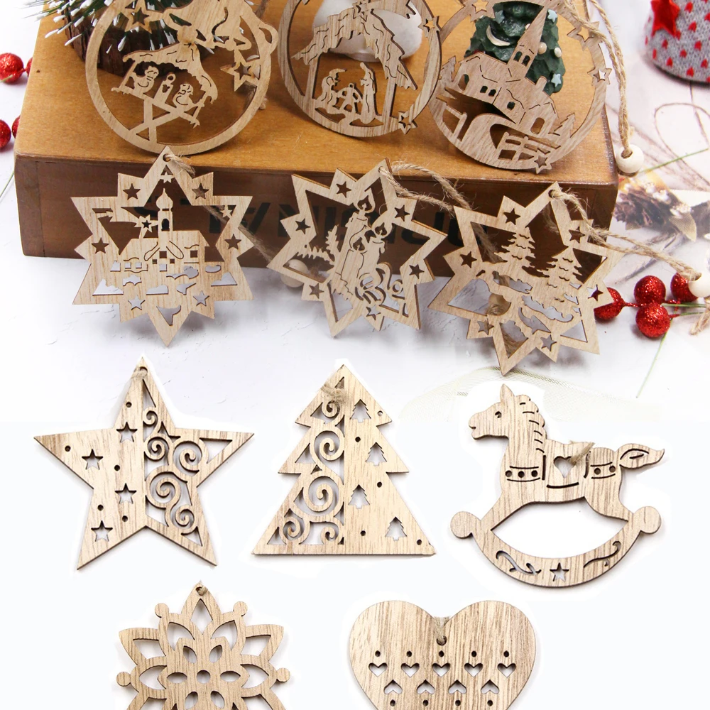 9 Teile/satz Weihnachten Holz Anhänger Hohl Stern/Weihnachtsmann Hängende Ornamente für Weihnachten Home Party Baum Dekoration Noel Geschenke