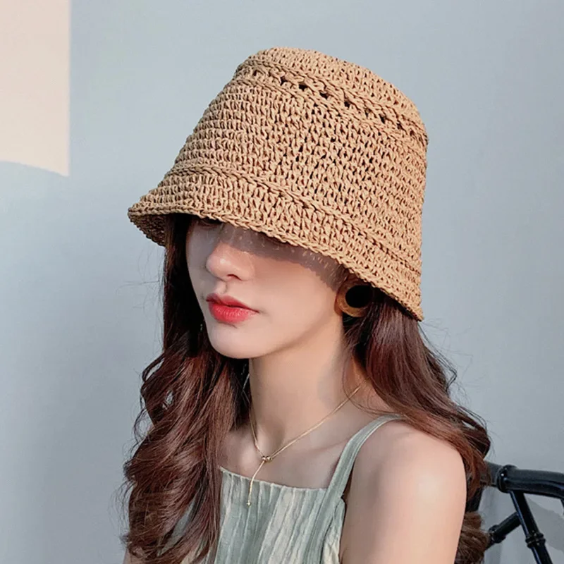 Women Hand-woven Bucket Fisherman Hat ladies Fashionable Straw Beach  Casual solid color vocation Summer Sun s anti-UV