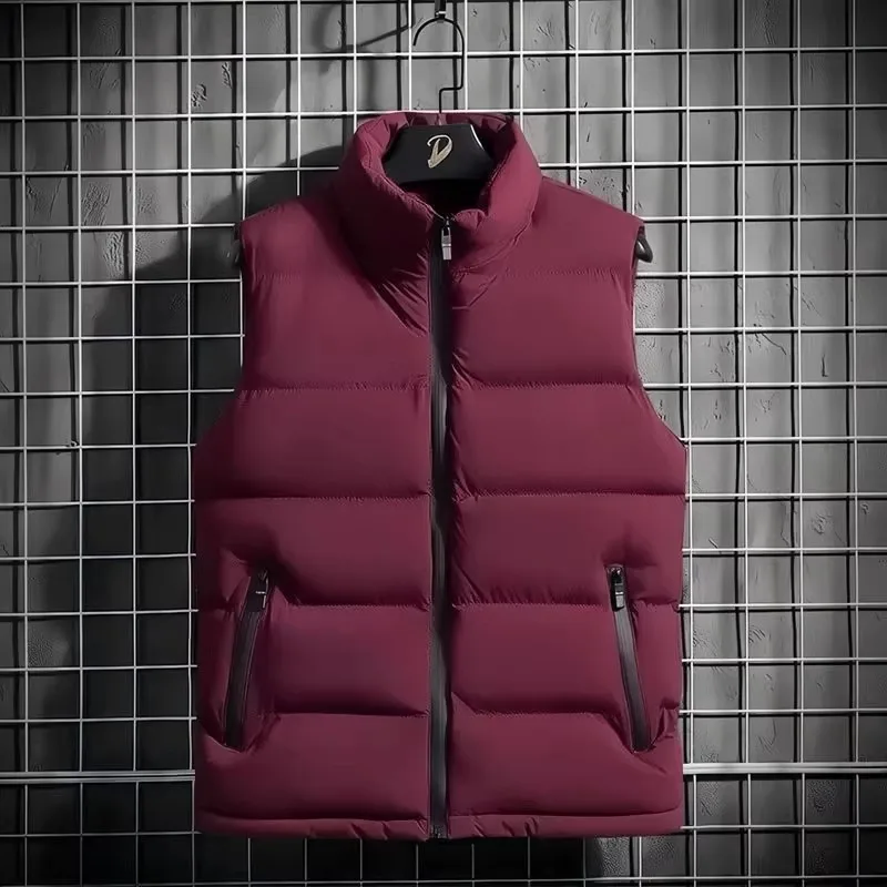 Casual Thickened Stand Collar down Cotton Vest Men's Autumn Winter Youth Warm Shoulder Pad Jacket Outerwear Fashionable Zippe...