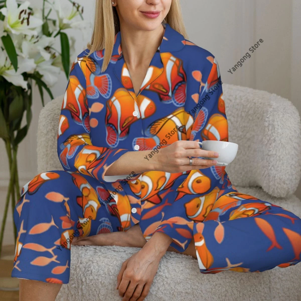 Spring and Autumn Long Sleeve Pants Pajamas Loungewear Set Ocean Fish Pattern Women's Pull Edge Loose Sleeping Suit