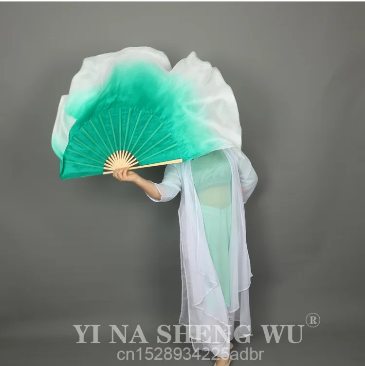 1 par de dos capas de velo doble 100% abanico plegable de bambú de seda Real accesorios de espectáculo de danza del vientre medio círculo de seda verde menta