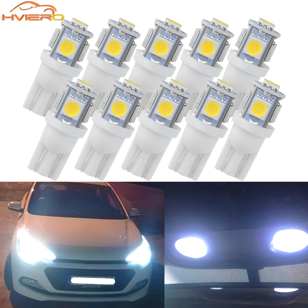 

10 шт. T10 Автомобильный светодиод W5W 5050 5SMD Белый Синий Красный Авто приборная панель Освещение клиновой купол для чтения Багажник Лампа ультра яркая лампа указателя поворота