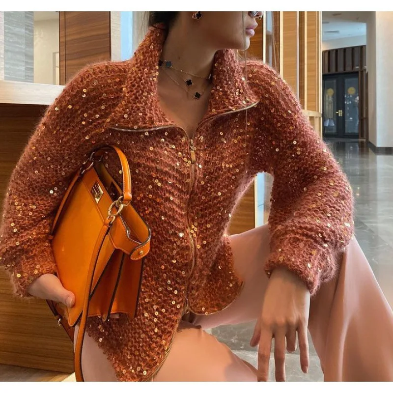 Autumn And Winter New Women's Small Fragrance Fashion Bead Design Knitwear Jacket