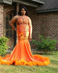 Plus Size Orange Prom Dresses Luxury Beaded Crystals Mermaid Birthday Party Gala Gown Black Girls Long Evening Robes de soirée