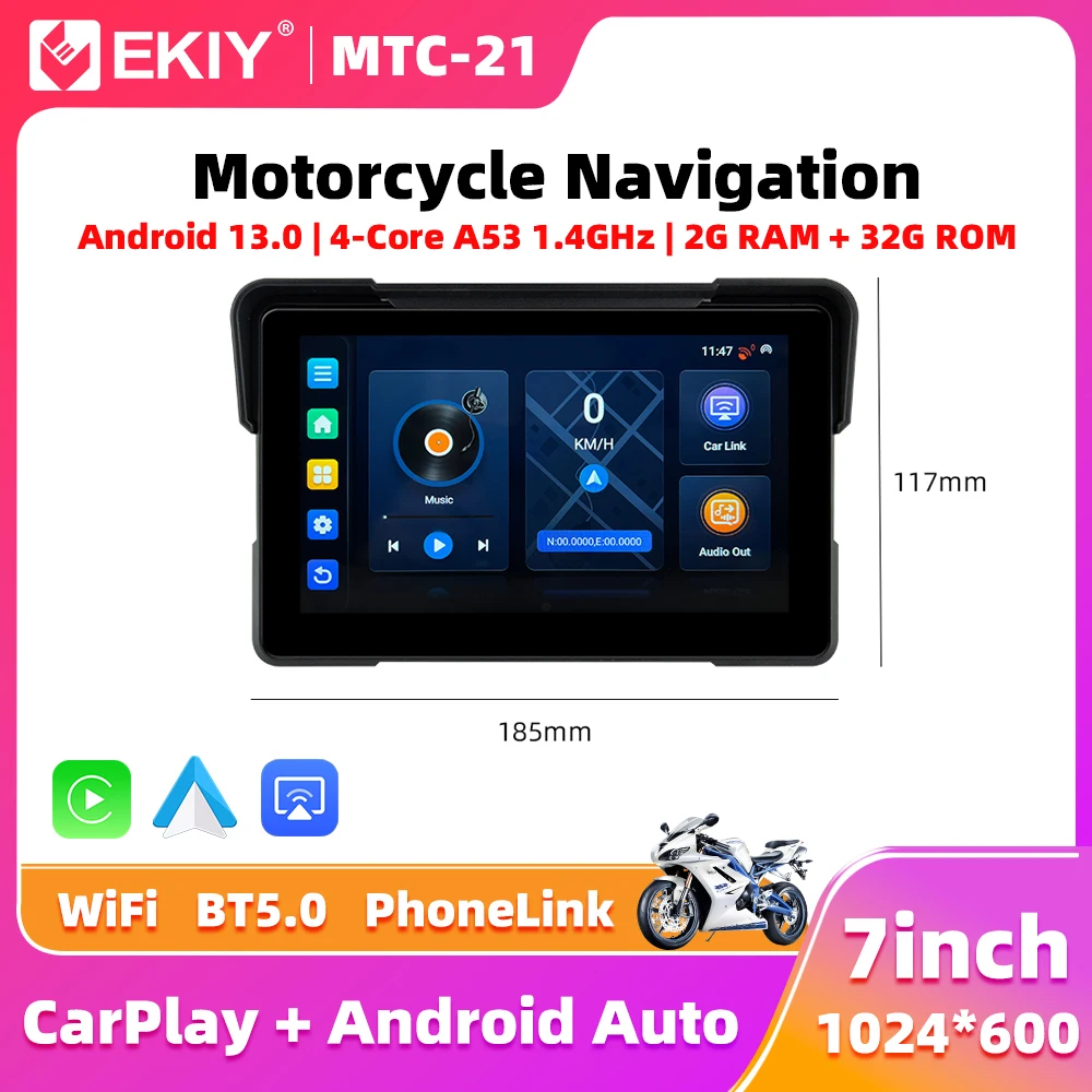 EKIY 7.0 Wireless CarPlay Moto Android Auto Android 13.0 Schermo di visualizzazione di navigazione GPS per cruscotto digitale portatile per moto