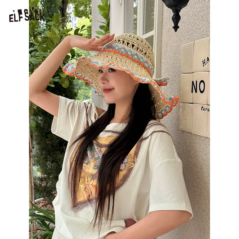 

ELFSACK Women's Crochet Straw Sun Hat, Wide Brim with Colorful Trim Bohemian Beach Hat for Summer