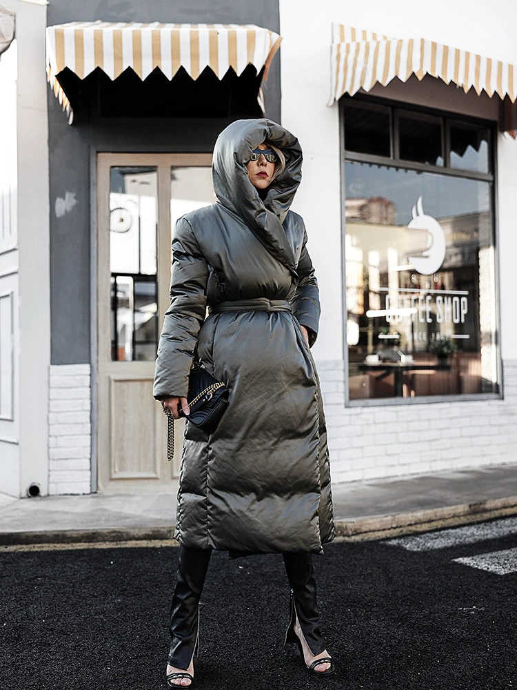 Winter Coat Female Women\'s Puffer Jacket Thick Windproof Warm with Belt Outerwears Glossy High-end Trend High Street Down Jacket