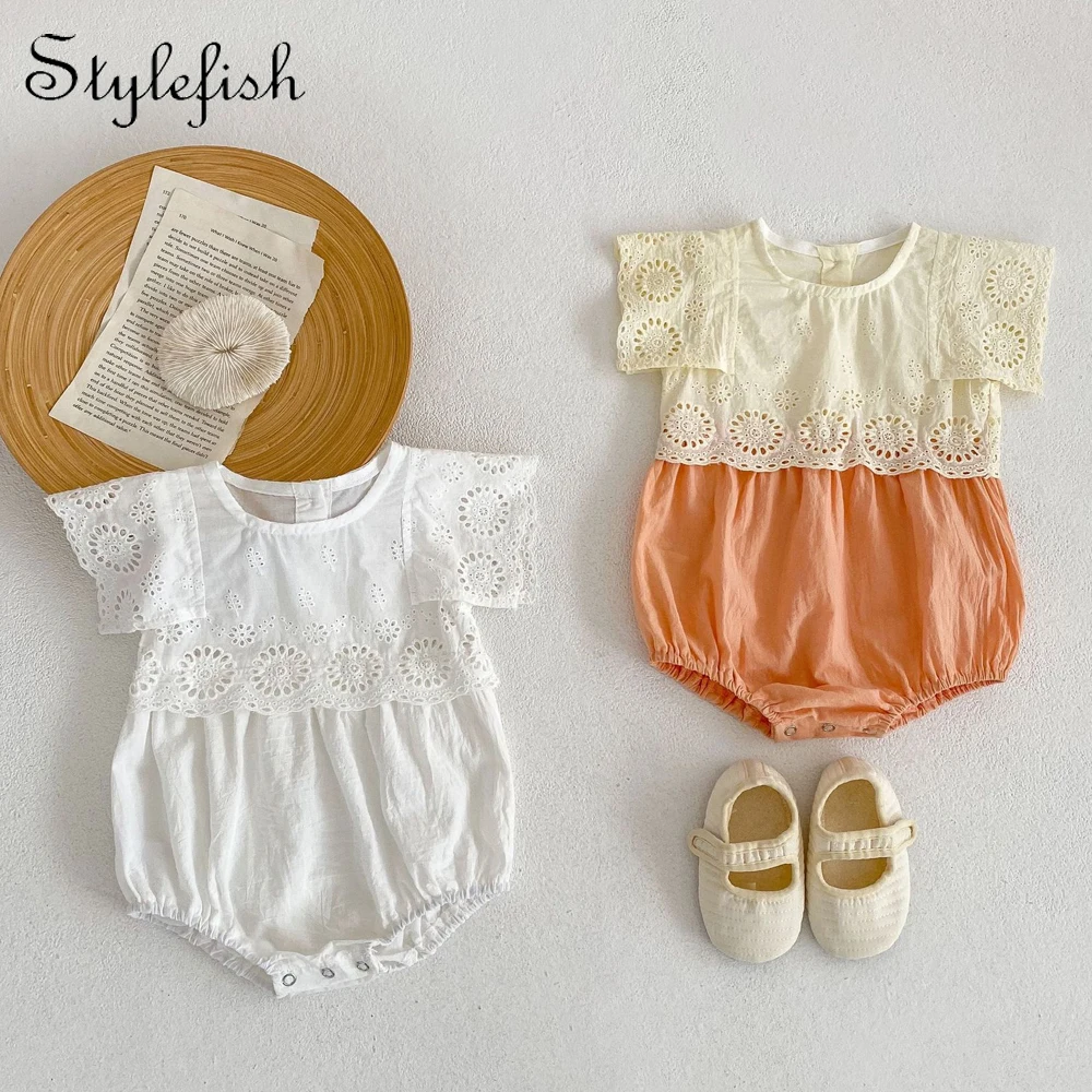 Ins Korean baby romper summer baby dress lace cut-out color-blocking girl dress cotton dress cute baby briefs climbing suit