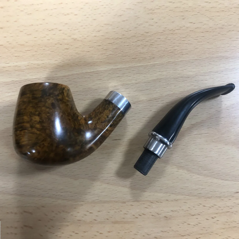 MUXIANG Briar Tobacco Pipe Curved Handle SherlocksHolmes Pipe Handle Briar Pipe 9mm Pipe Channel Silver Circle Decorative Ring