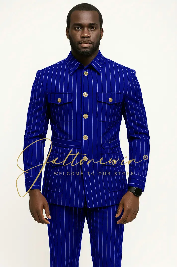 

Royal Blue Stripes Business Suits Men Elegant 2 Pieces Jacket Pants Single Breasted Prom Blazers Male Party Clothing Customized
