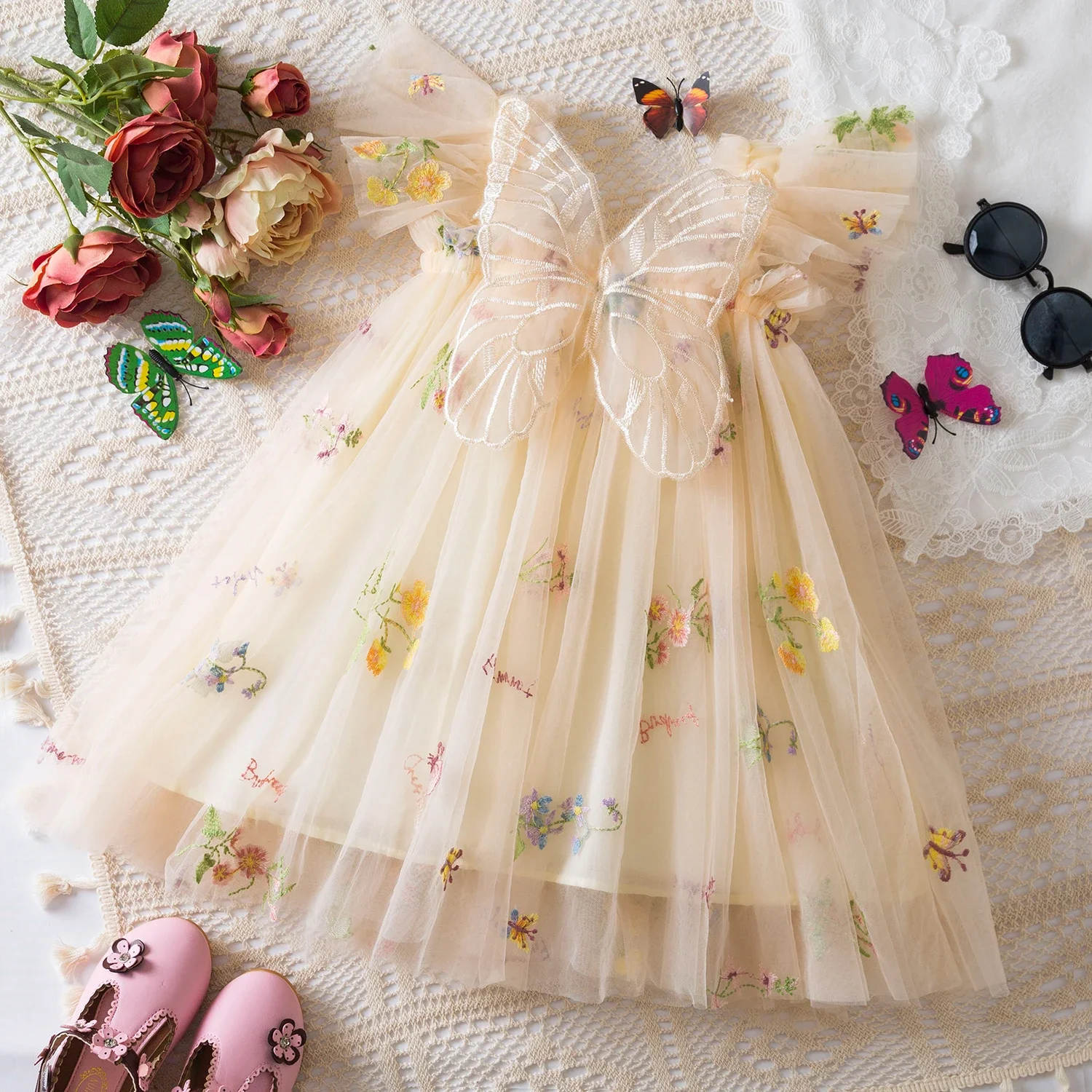 6M-5Y Summer Toddler Kid Baby Girls Tulle Dress Sweet Embroidery Flower Princess Dress for Girls Party Beach Holiday Clothing