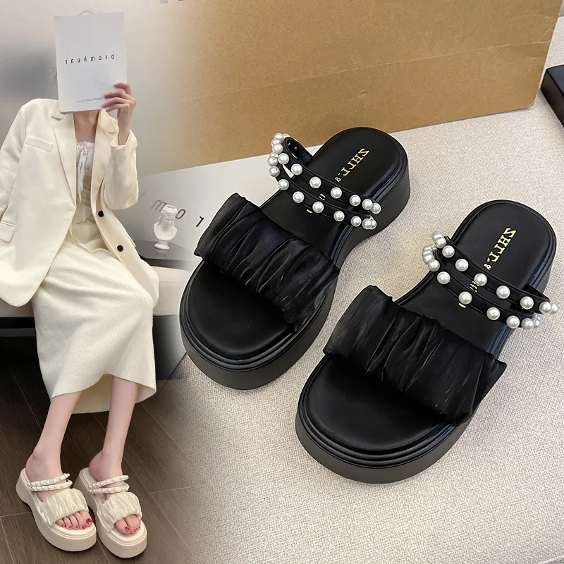 

Тапочки женские на низком каблуке, римские скандалы на платформе, сланцы из искусственной кожи, домашние тапочки, обувь на платформе, большие размеры, лето