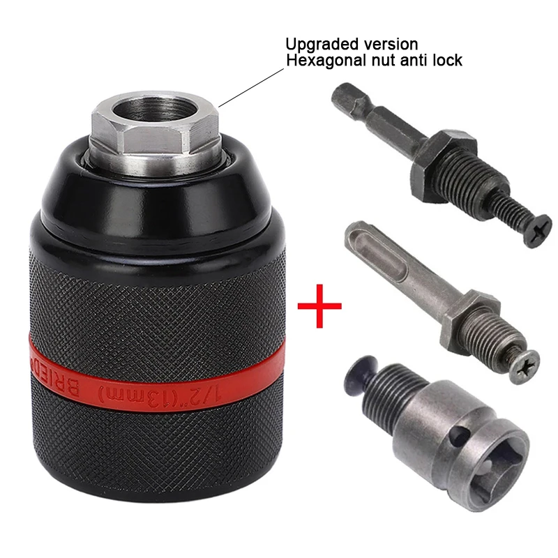 New 13mm Threaded Keyless Metal Drill Chuck, Hex Shank/SDS/Square Quick Grip Adapter, Chuck for Drill Bit Screwdriver Tap&Socket