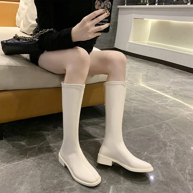 Riding Boots Women Shoes Real Leather Mid Heel Knee-High Boots Square Toe Block Heels Zip Long Boots Autumn Winter 40