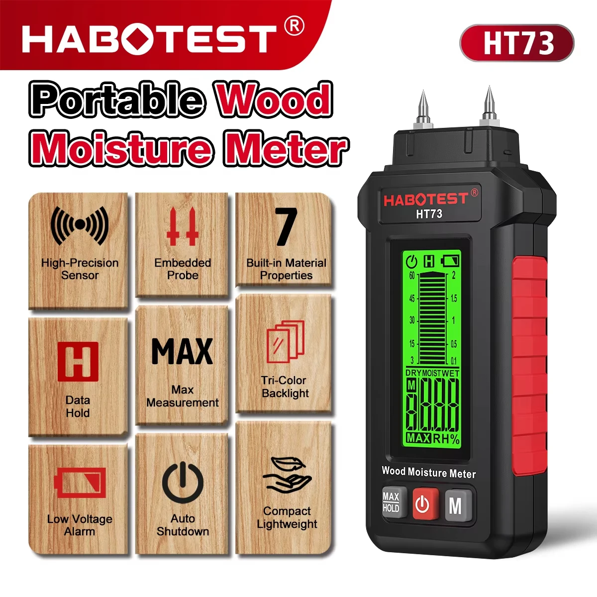 HT73 Two Pins Digital Wood Moisture Meter 0-99.9% Wood Humidity Tester for Firewood Lumber Building Materials Moisture Detector